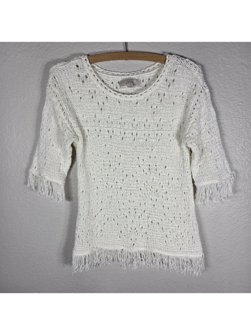 Ann Taylor Loft Ivory Open Knit Top Shirt Crochet Fringe 3/4 Sleeves Size S